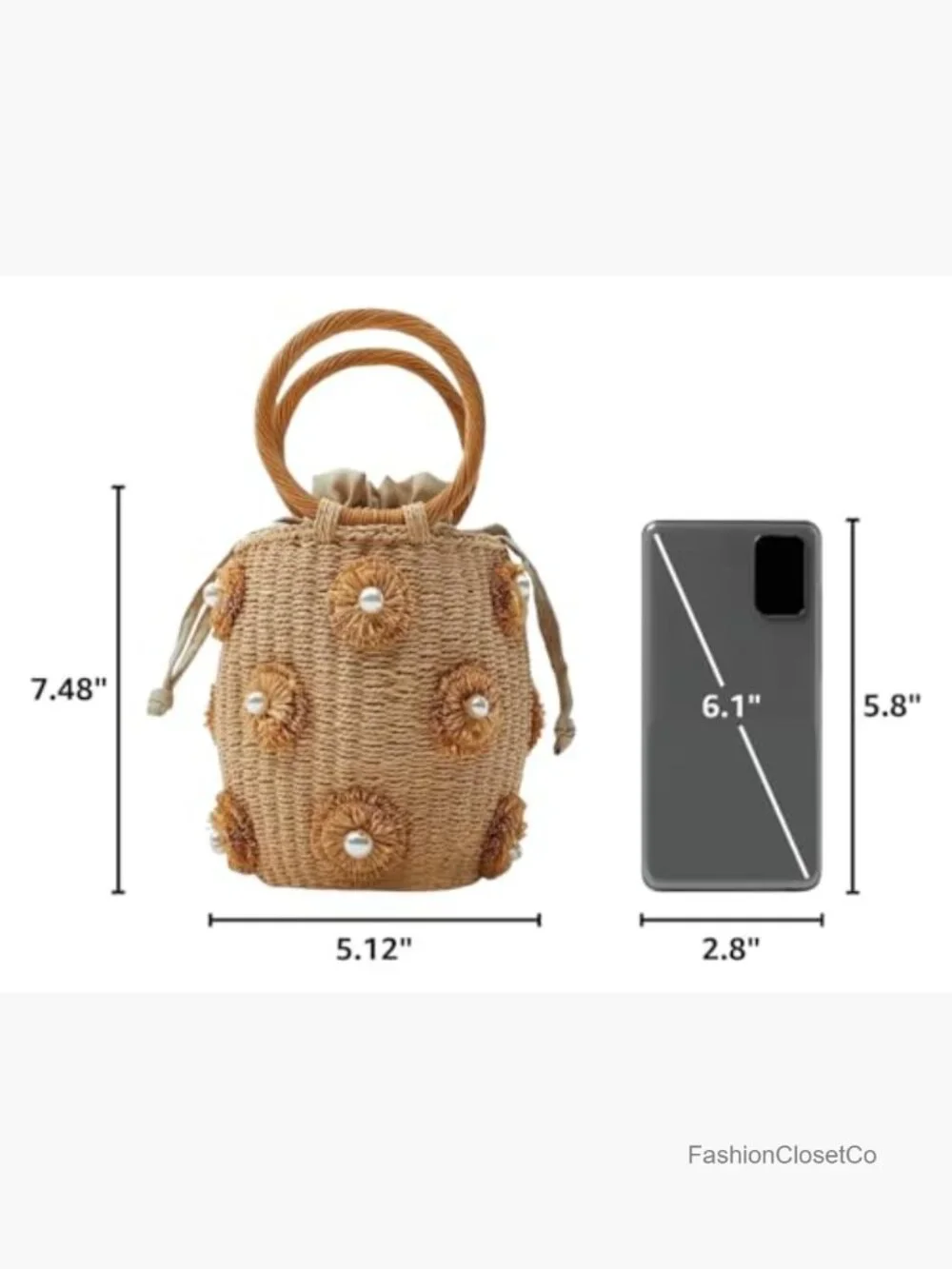 Rattan Straw Bucket Bag with Pearl Flowers - Handwoven Summer Beach Tote - Picture 3 of 7